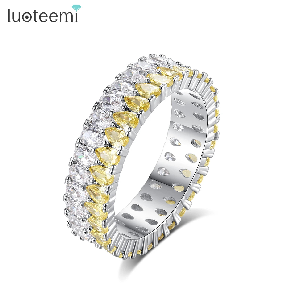 LUOTEEMI Small Clear Water Drop Zircon Stone Yellow and Clear Mix Color Jewelry Band Rings for Women Punk Fashion