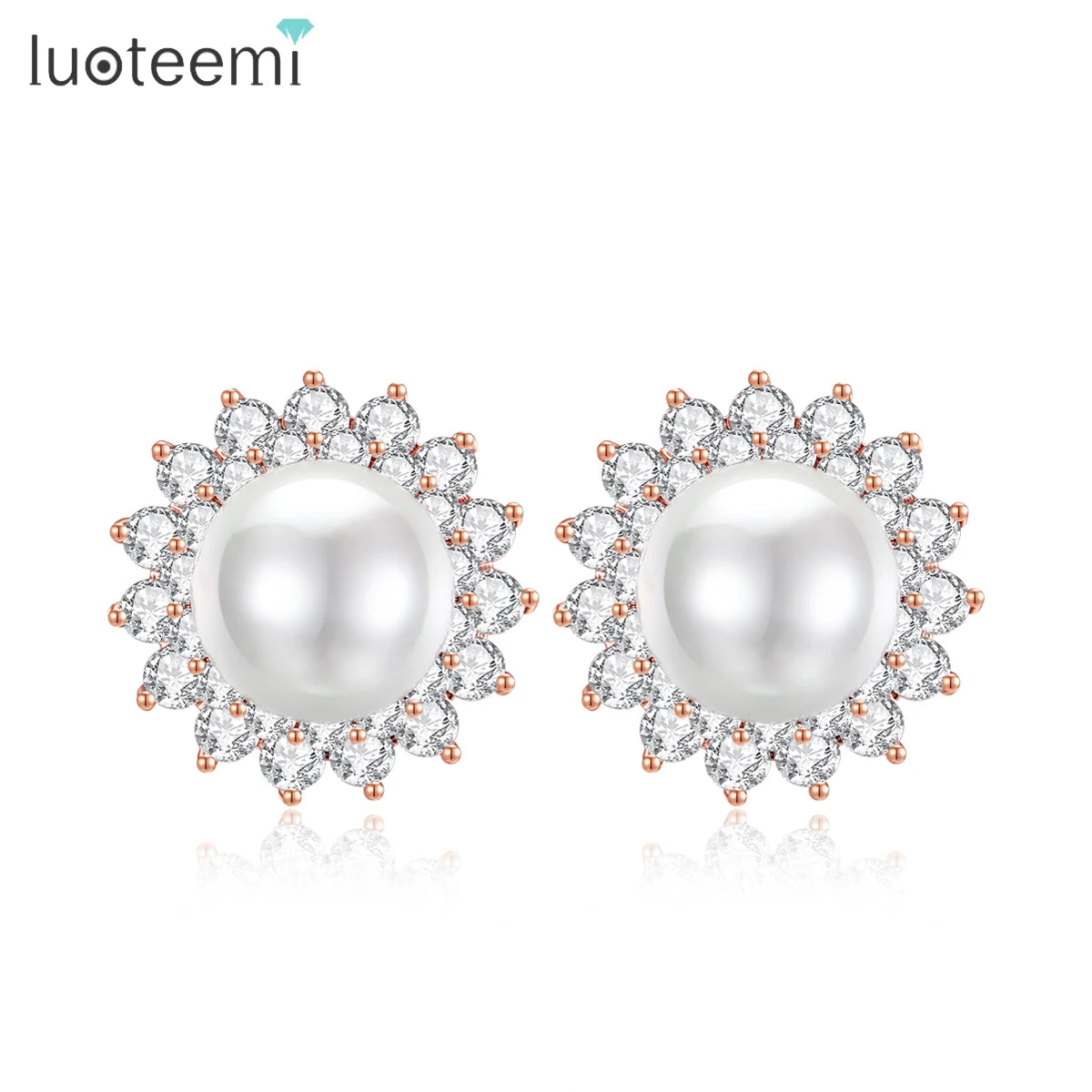 LUOTEEMI Wholesale Fashion Jewelry Wedding Rhodium Gold Plated Flower Shape Synthetic Pearl Women French Clip Stud Earrings