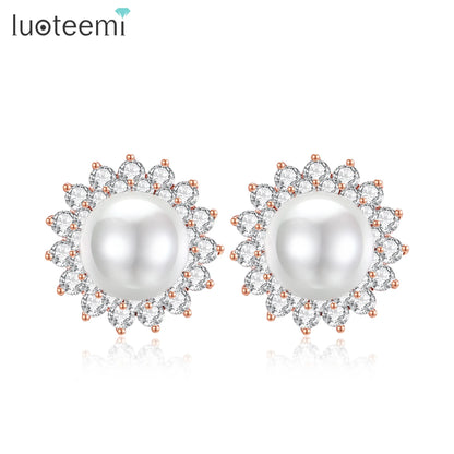 LUOTEEMI Wholesale Fashion Jewelry Wedding Rhodium Gold Plated Flower Shape Synthetic Pearl Women French Clip Stud Earrings