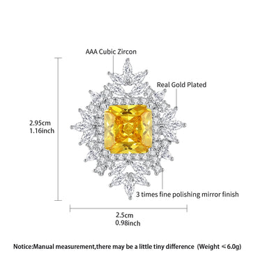 LUOTEEMI Luxury Bridal Elegant Yellow Emerald Cut Main Stone Clear Cubic Zirconia Jewelry Brooch White Gold Plated
