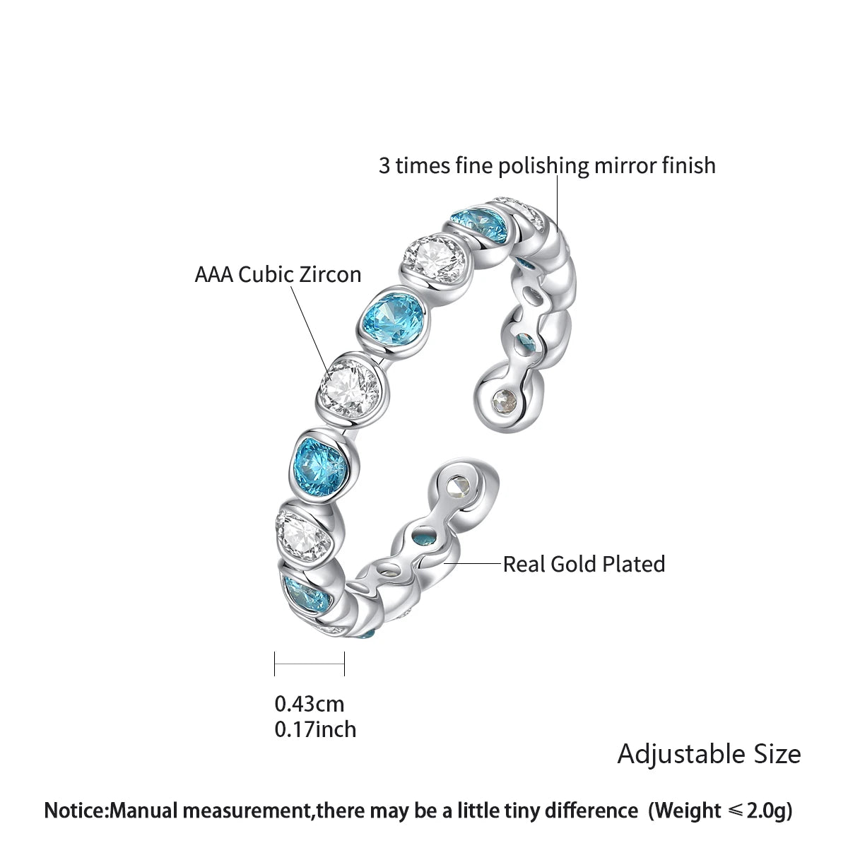 CZCITY Sea Blue and Clear Round CZ Geometric Round Stone Finger Ring for Girls Ladies Fashion Jewelry Daily Wear Rings