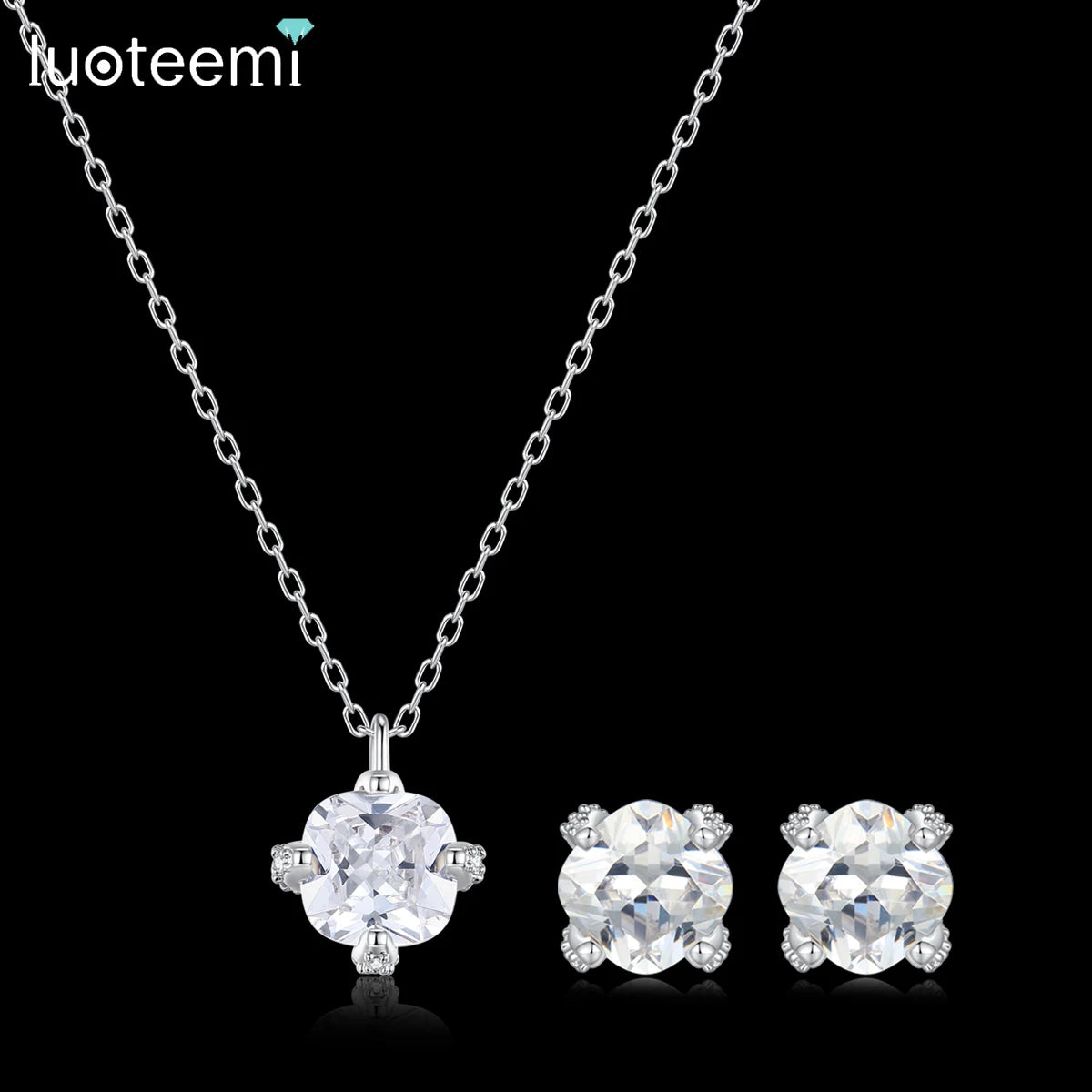 LUOTEEMI Cute Japanese Women Classic Design Small Fashion Zircon Jewelry Sets for Office Lady Rhodium Plated