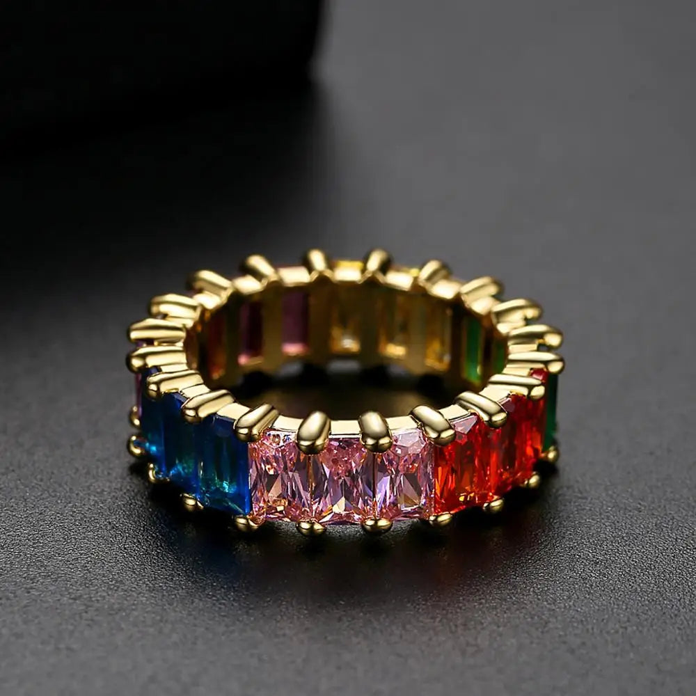 Rainbow Gemstone Eternity Band Ring Zircon Stone Cubic Zirconia CZ Fashion Gold Baguette Diamond Eternity Ring for Women