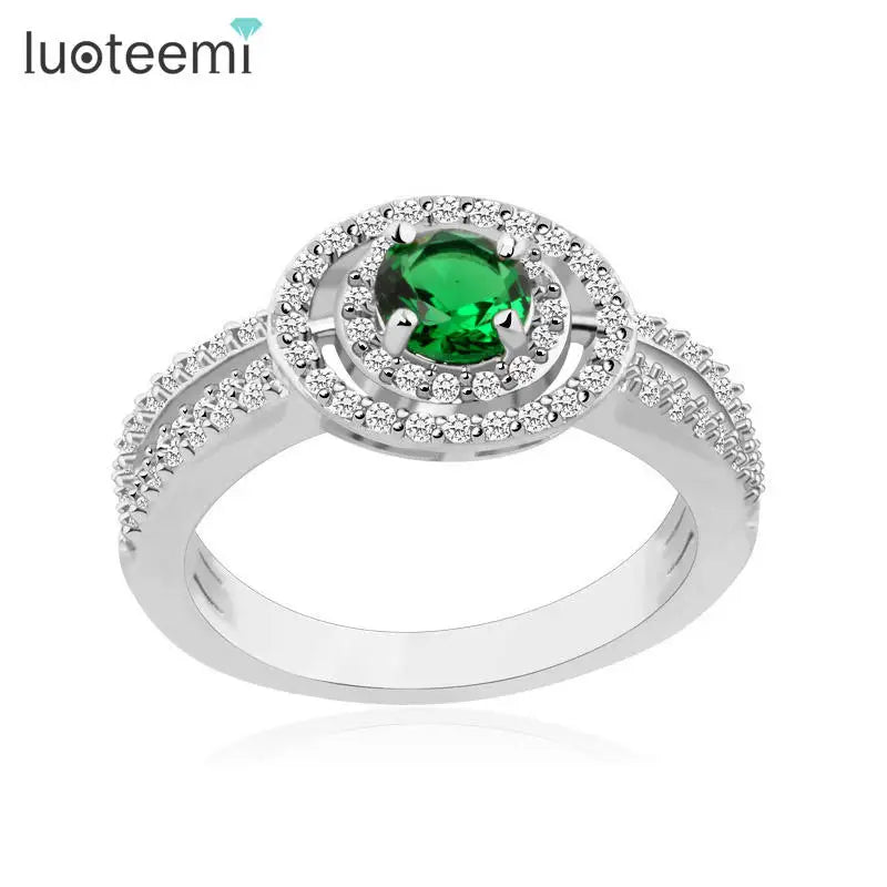 LUOTEEMI Rhodium White Gold Plated Bridal Wedding Sparkling Cubic Zirconia Micro Pave Engagement Wedding Halo Ring