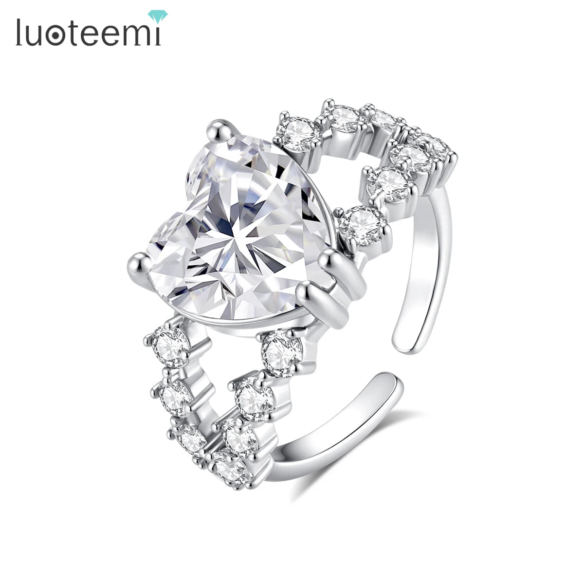 LUOTEEMI New Elegant High Quality Big Heart Crystal with Small Cubic Zirconia Girls Fashion Open Size Jewelry Big Finger Ring
