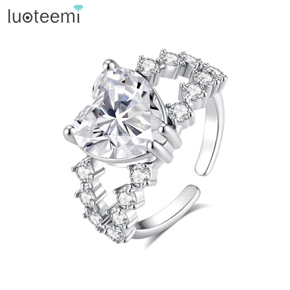 LUOTEEMI New Elegant High Quality Big Heart Crystal with Small Cubic Zirconia Girls Fashion Open Size Jewelry Big Finger Ring