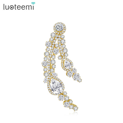 LUOTEEMI Cubic Zirconia Oval and Tear Drop Luxury Flower CZ Big Brooches for Women Real White Gold Plated Low MOQ