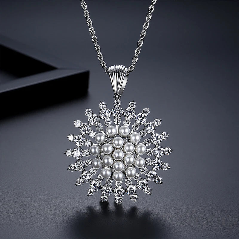 LUOTEEMI Luxury Cubic Zirconia with Imitation Pearl Sun Flower Elegant Women Long Chain Necklaces Fashion Jewelry