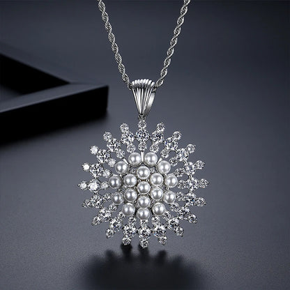 LUOTEEMI Luxury Cubic Zirconia with Imitation Pearl Sun Flower Elegant Women Long Chain Necklaces Fashion Jewelry