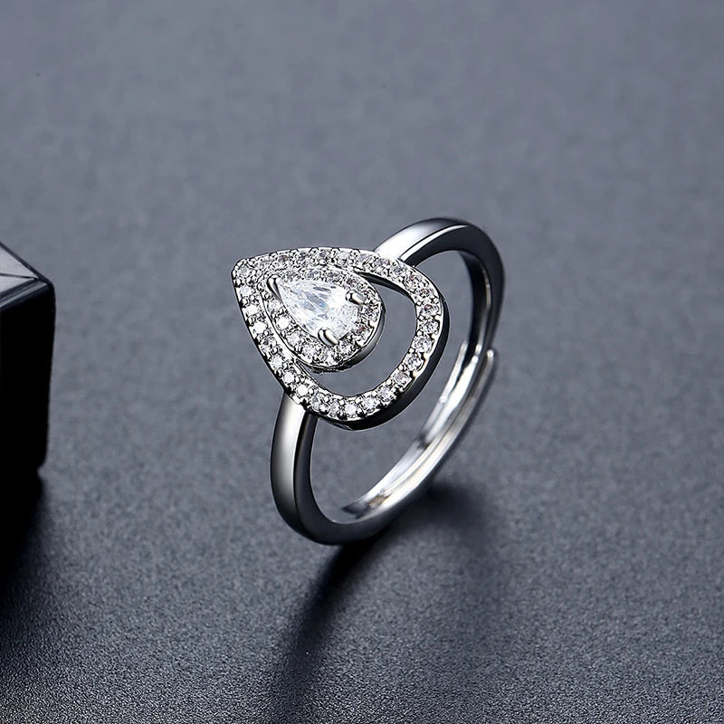 LUOTEEMI Tear Drop Cubic Zirconia Fashion Open Size Jewelry Finger Ring Rhodium Plated Girls Jewelry Ready to Ship