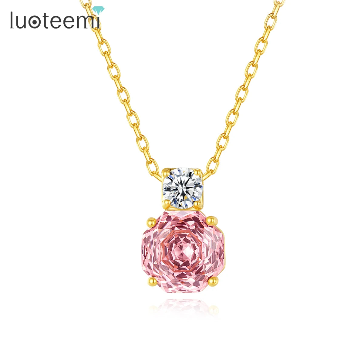 CZCITY Korean Design Millennium Rose Cut Octagonal Zircon Clear and Pink Classic Girls Trendy Link Chain Pendants Necklaces
