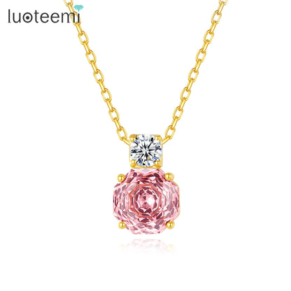 CZCITY Korean Design Millennium Rose Cut Octagonal Zircon Clear and Pink Classic Girls Trendy Link Chain Pendants Necklaces