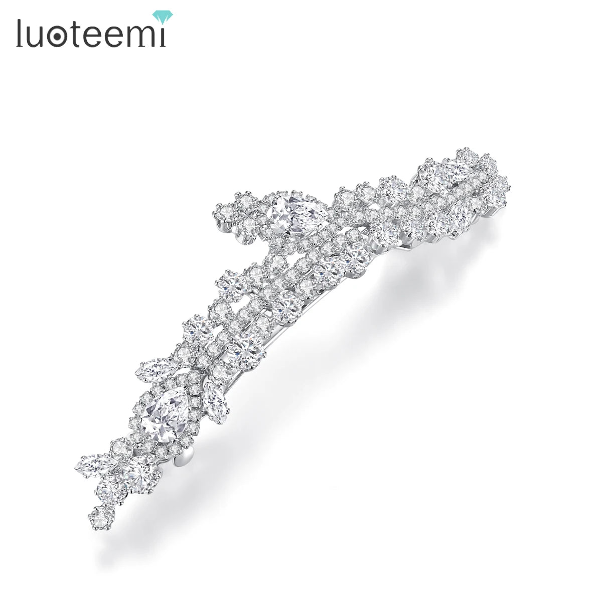 LUOTEEMI Luxury Cubic Zirconia Clear CZ Stone Women Flower Brass Parts Hair Jewelry Pin Wedding Bridal Gifts Hair Pins