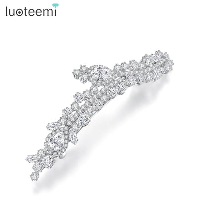 LUOTEEMI Luxury Cubic Zirconia Clear CZ Stone Women Flower Brass Parts Hair Jewelry Pin Wedding Bridal Gifts Hair Pins