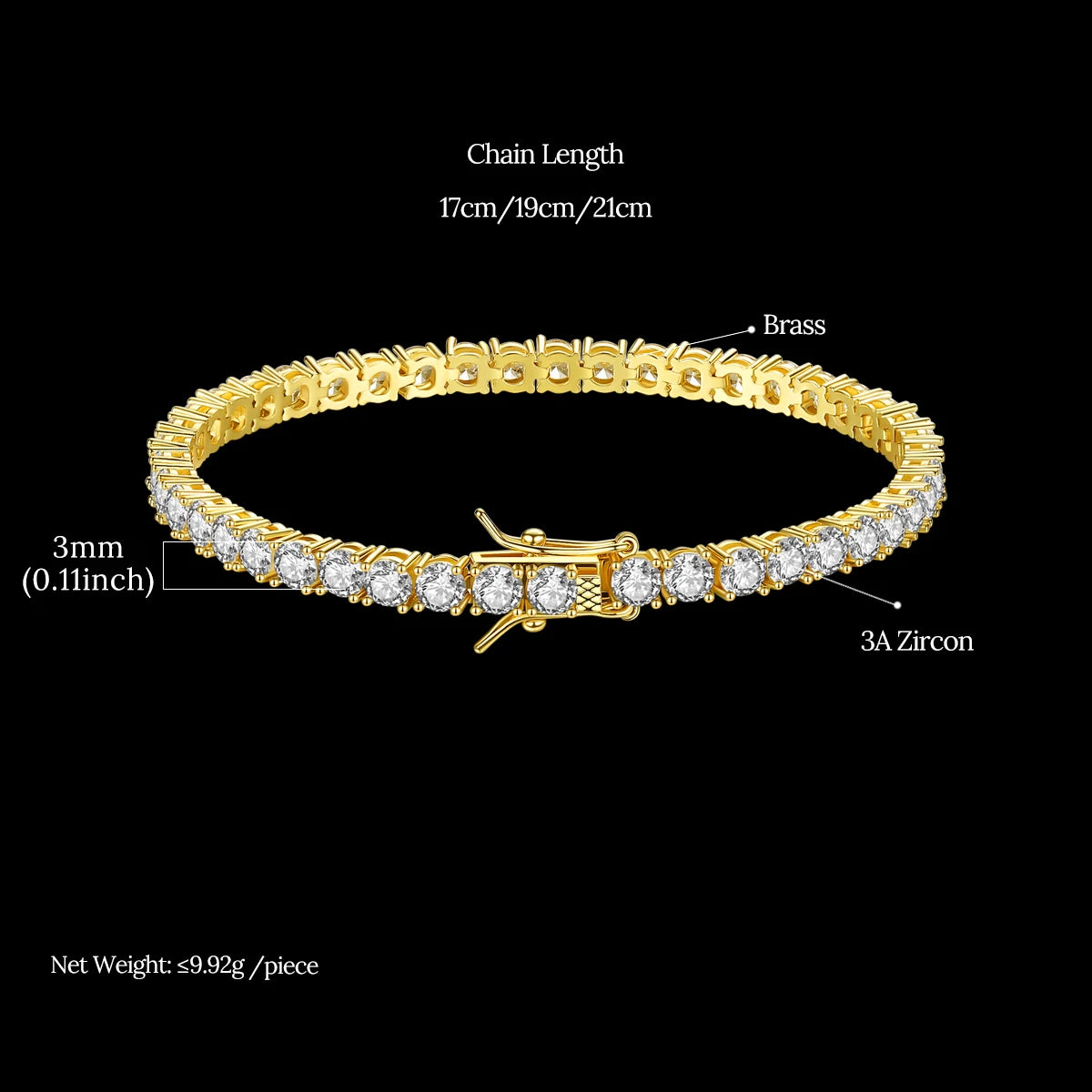 Trendy Luxury Women 18K Gold Plated Hiphop 3MM Cubic Zirconia Tennis Ice Out Hip Hop Bracelet for Men