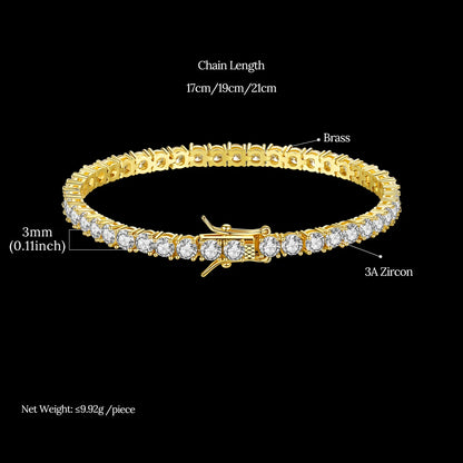 Trendy Luxury Women 18K Gold Plated Hiphop 3MM Cubic Zirconia Tennis Ice Out Hip Hop Bracelet for Men