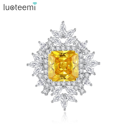 LUOTEEMI Luxury Bridal Elegant Yellow Emerald Cut Main Stone Clear Cubic Zirconia Jewelry Brooch White Gold Plated