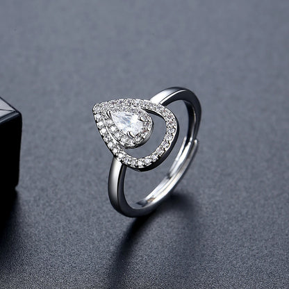 LUOTEEMI Tear Drop Cubic Zirconia Fashion Open Size Jewelry Finger Ring Rhodium Plated Girls Jewelry Ready to Ship