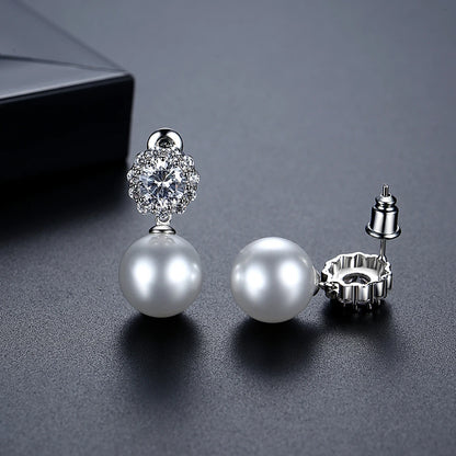 LUOTEEMI Luxury Cubic Zirconia Flower Big White Pearl Bridal Annivery Wedding Drop Earrings for Lady Rhodium Plated CZ Earrings