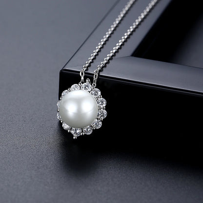 LUOTEEMI Brass Fashion Rhodium Plated High Quality Clear CZ Zircon Stone Imitation Pearl Stud Chain Necklace Jewelrt Sets