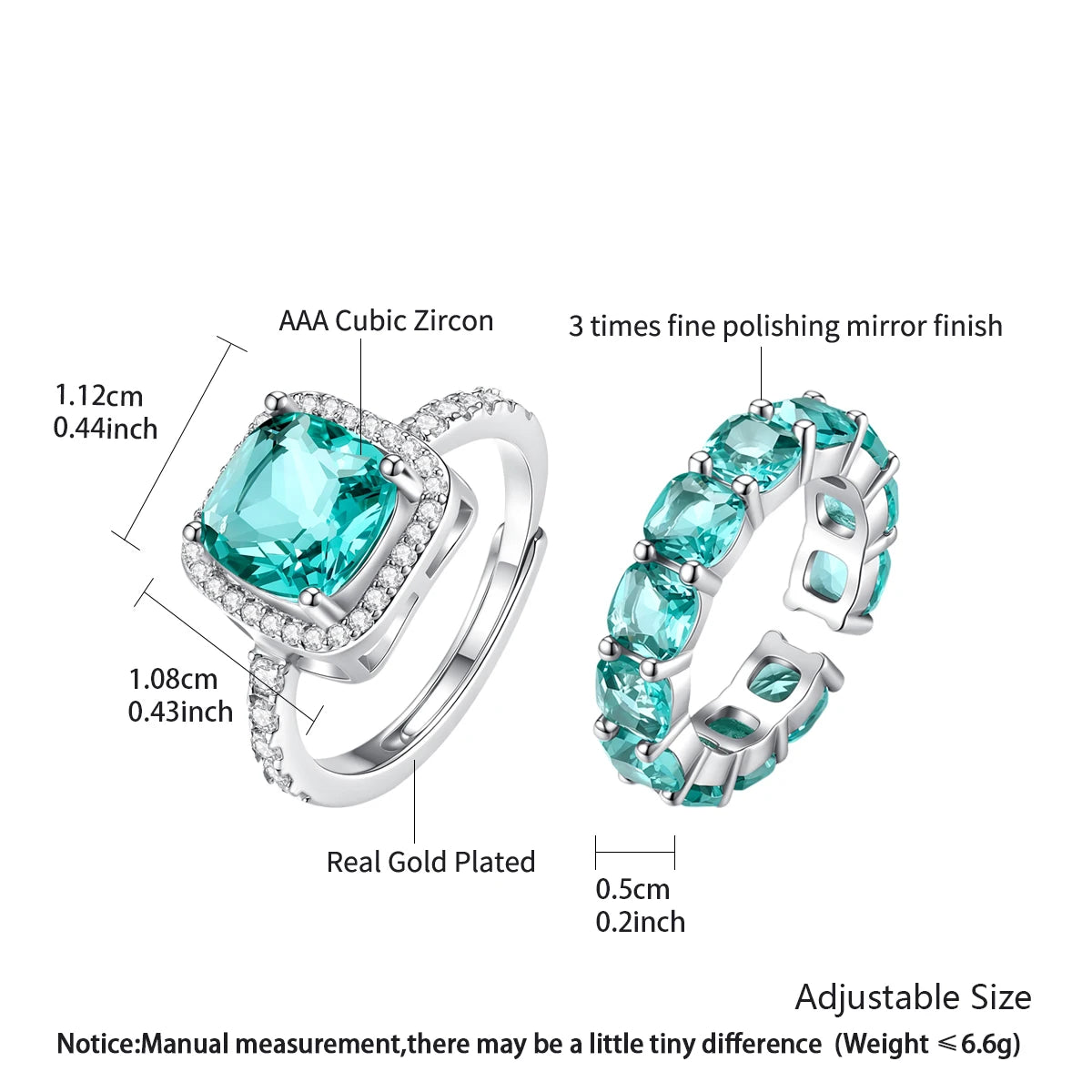 CZCITY Fashion Big Ring Sets Resizable Open Size Women Green Crystal Glass Luxury Finger Ring Women Hand Jewelry