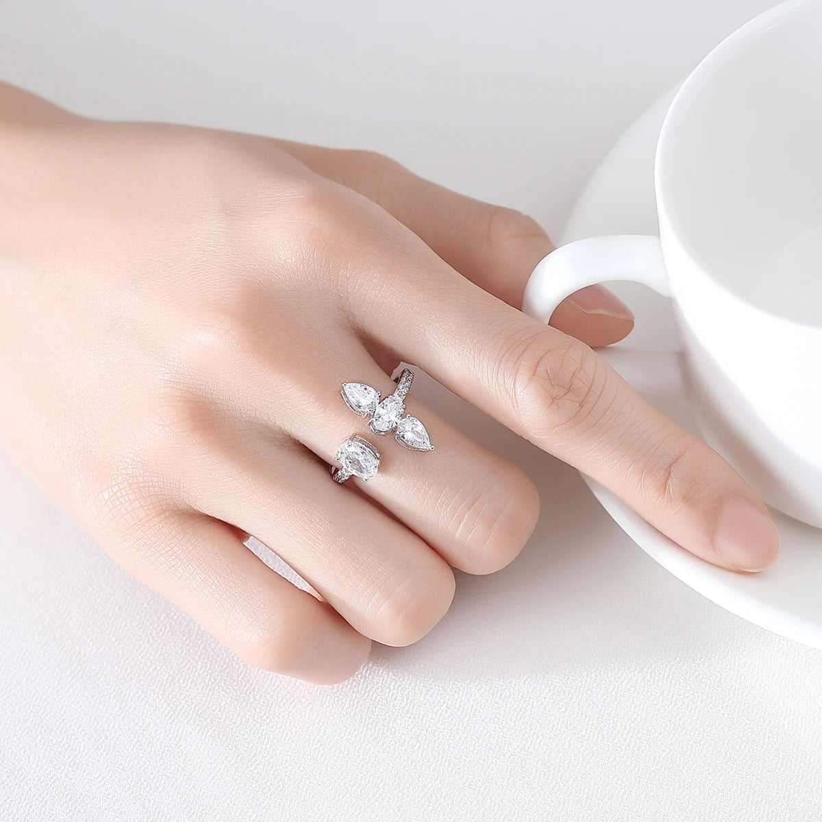 LUOTEEMI Geometric Tear Shape Oval Shape Women Zircon Stone Party Gift Adjustable Ring Rhodium Plated Girls Big Trendy Rings