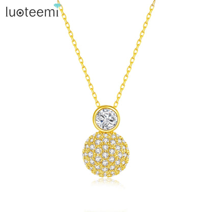 LUOTEEMI New Classic Design Korean Trendy Tiny Zircon CZ Paved Girls Ball Jewelry Link Chain Pendant Necklace for Girls