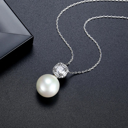 LUOTEEMI Luxury Anniversary Jewelry Cubic Zirconia Big White Imitation Pearl Pendants Ladies Pendant Link Chain Necklace
