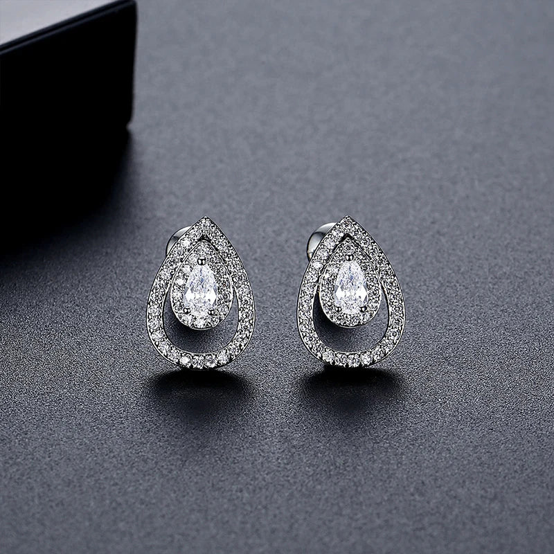 LUOTEEMI Delicate Women Tear Drop Fashion Tiny Zircon Paved Daily Wear Jewelry Stud Earrings Rhodium Plated Classic Design