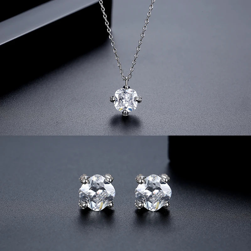 LUOTEEMI Cute Japanese Women Classic Design Small Fashion Zircon Jewelry Sets for Office Lady Rhodium Plated