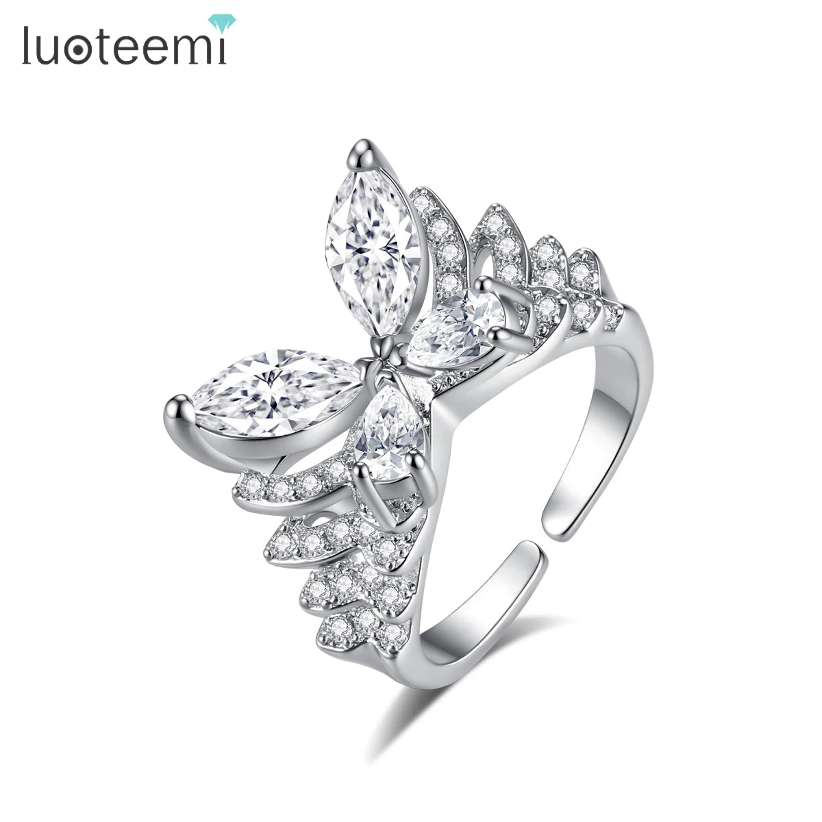 LUOTEEMI Layered Big Fashion Cubic Zirconia Butterfly Adjustable Party Elegant Finger Rings for Girls Luxury Hand Jewellery