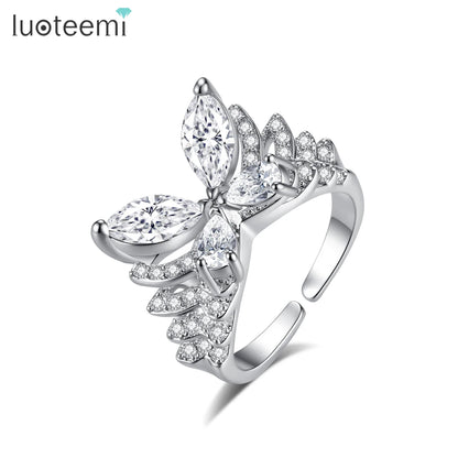 LUOTEEMI Layered Big Fashion Cubic Zirconia Butterfly Adjustable Party Elegant Finger Rings for Girls Luxury Hand Jewellery