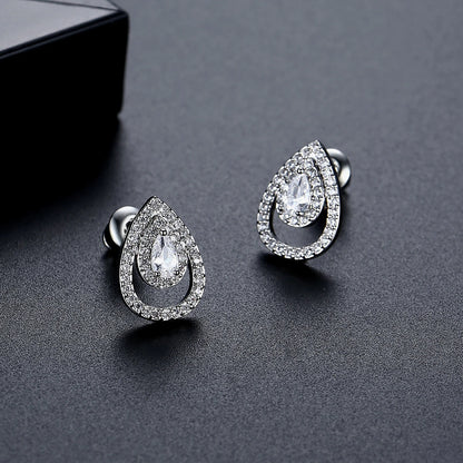 LUOTEEMI Delicate Women Tear Drop Fashion Tiny Zircon Paved Daily Wear Jewelry Stud Earrings Rhodium Plated Classic Design