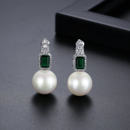 LUOTEEMI Luxury Statement Women Cubic Zirconia Big Glass Imitation Pearl Korean Fashion Zircon Stud Earrings for Party Gifts