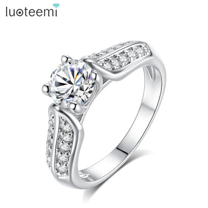 LUOTEEMI European Style 6mm 0.75ct Cubic Zirconia Diamond Engagement Women Girls Finger Ring