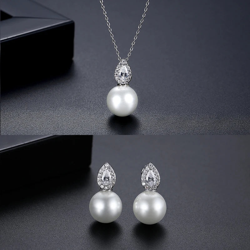LUOTEEMI Cute Korean Fashion Women Tear Drop Zircon Stone Glass White Pearl Jewelry Sets for Girls Daily Wear Jewellery