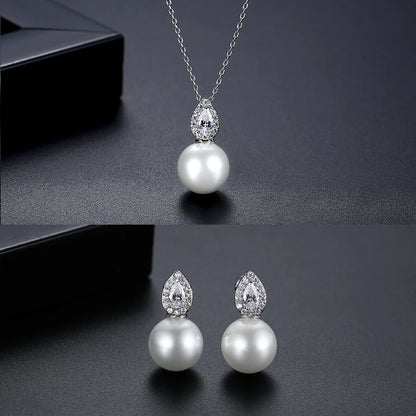 LUOTEEMI Cute Korean Fashion Women Tear Drop Zircon Stone Glass White Pearl Jewelry Sets for Girls Daily Wear Jewellery