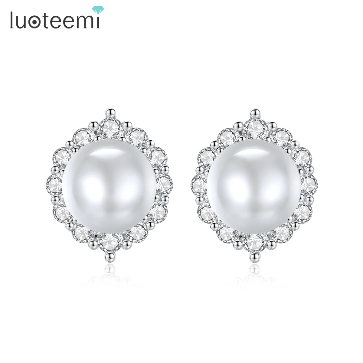 LUOTEEMI Delicate Japanese Women Trendy Big White Pearl Clear CZ Party Gifts Stud Earrings Vintage Style Ear Studs for Lady
