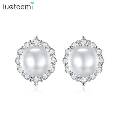 LUOTEEMI Delicate Japanese Women Trendy Big White Pearl Clear CZ Party Gifts Stud Earrings Vintage Style Ear Studs for Lady