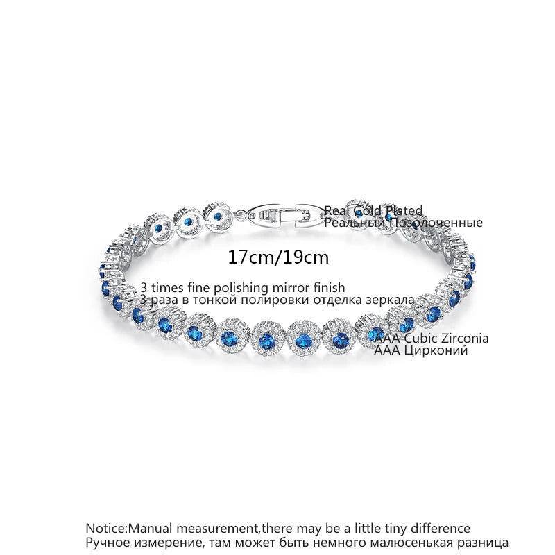CZCITY New White Gold Color Women Jewelry Gift Bridal Wedding Fashion Blue Cubic Zirconia Round Tennis Bracelets