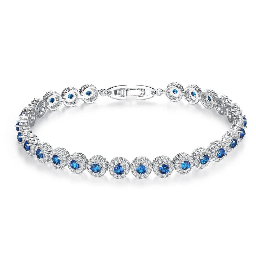 CZCITY New White Gold Color Women Jewelry Gift Bridal Wedding Fashion Blue Cubic Zirconia Round Tennis Bracelets