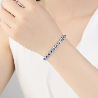 CZCITY New White Gold Color Women Jewelry Gift Bridal Wedding Fashion Blue Cubic Zirconia Round Tennis Bracelets
