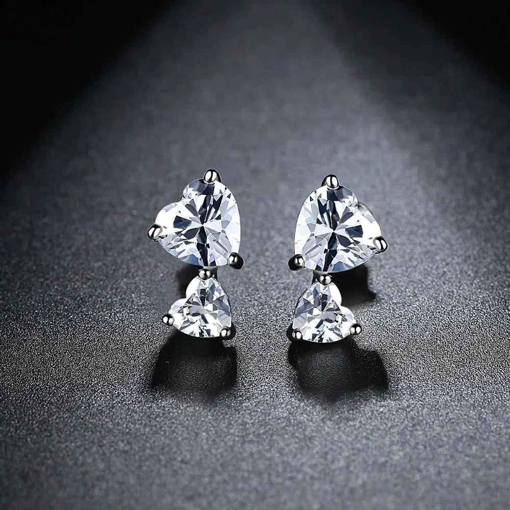 CZCITY White Gold Color Fashion 1 Pair Double Heart-shaped White Cubic Zirconia Stud Earrings for Womens Girls Love Gift