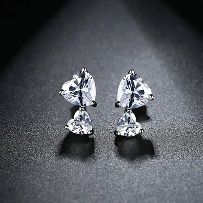 CZCITY White Gold Color Fashion 1 Pair Double Heart-shaped White Cubic Zirconia Stud Earrings for Womens Girls Love Gift