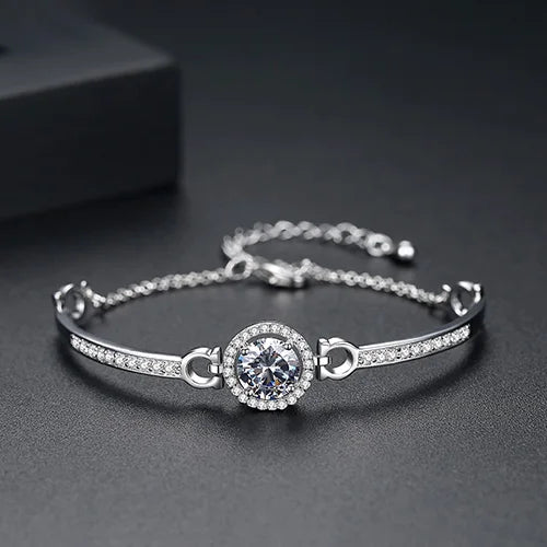 CZCITY New coming Rhodium White Gold Plated Brass Bangles Top Quality Hearts and Arrows Cut Zircon Bangle