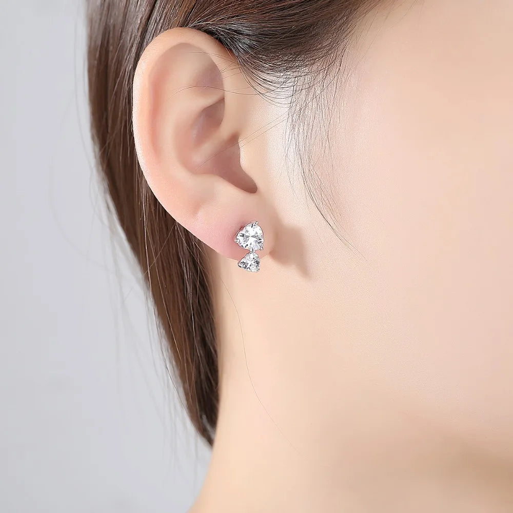 CZCITY White Gold Color Fashion 1 Pair Double Heart-shaped White Cubic Zirconia Stud Earrings for Womens Girls Love Gift