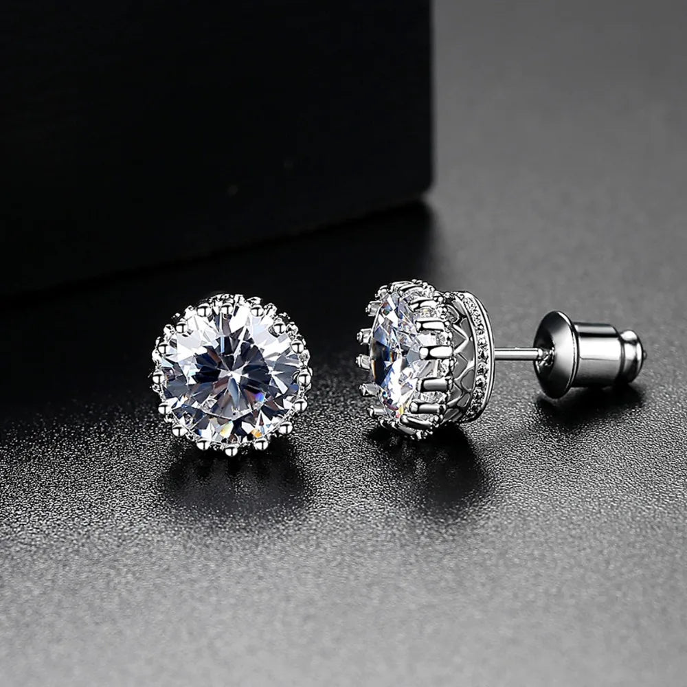 CZCITY Hot Sale 8mm 2ct Top Quality Sparkling Clear CZ Crown Design Women Daily Wear Wholesale Cheap Stud Earrings