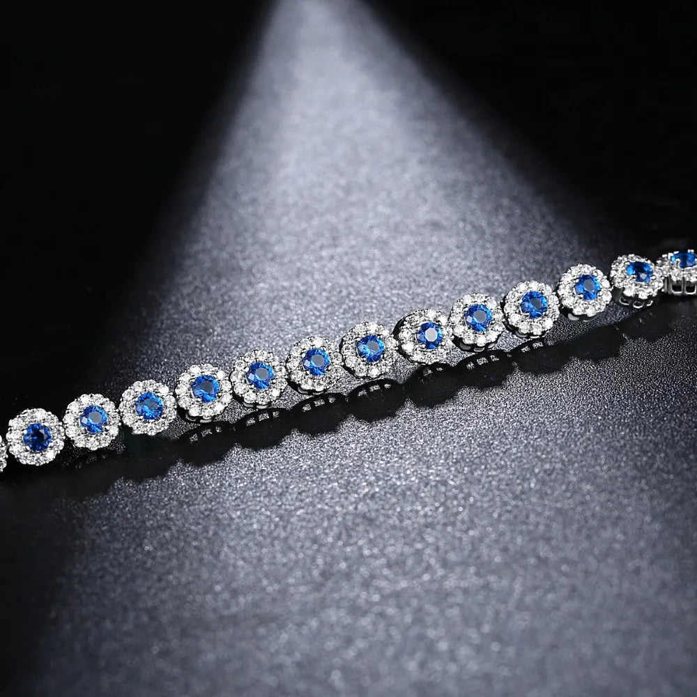 CZCITY New White Gold Color Women Jewelry Gift Bridal Wedding Fashion Blue Cubic Zirconia Round Tennis Bracelets