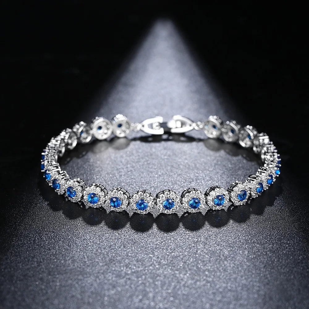 CZCITY New White Gold Color Women Jewelry Gift Bridal Wedding Fashion Blue Cubic Zirconia Round Tennis Bracelets