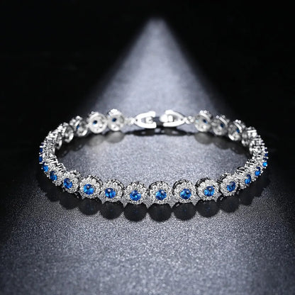 CZCITY New White Gold Color Women Jewelry Gift Bridal Wedding Fashion Blue Cubic Zirconia Round Tennis Bracelets